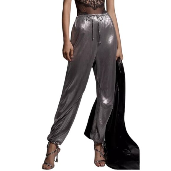 Anthropologie Liquid Shine High Rise Tie Waist Parachute Pants Silver Size Large - Picture 1 of 12